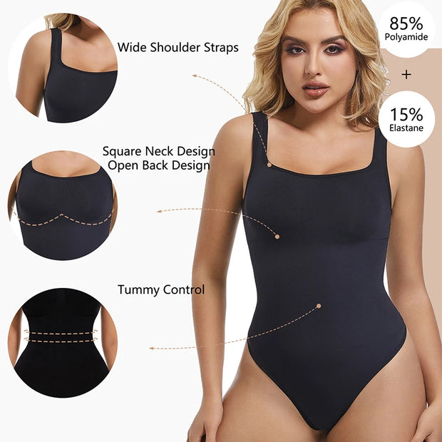 KacyBelle Seamless Thong Bodysuit: Tummy Control, Square Neck Style