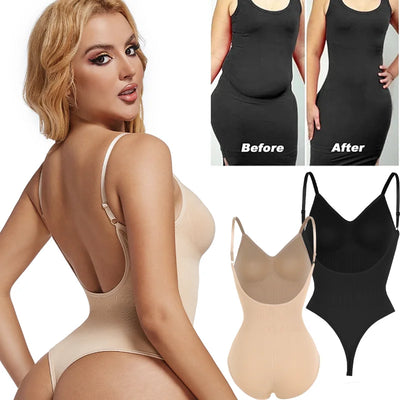 KacyBelle Seamless Thong Bodysuit: Backless Design, Tummy Control & Lift